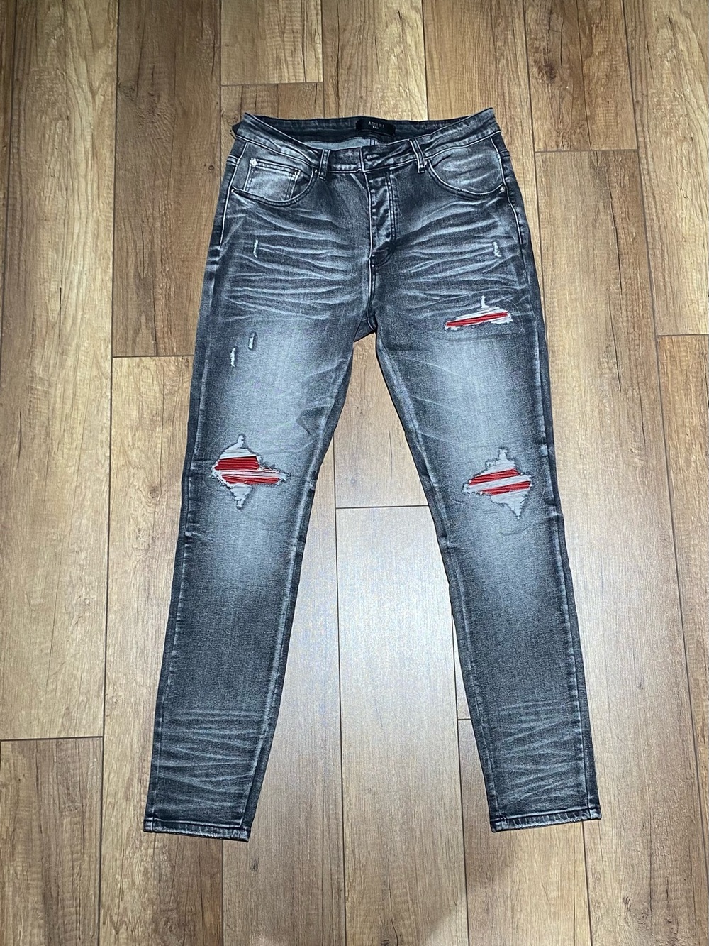 Amiri Mens Distressed Ripped Slim Gray Jeans with Red Waist Size 34
